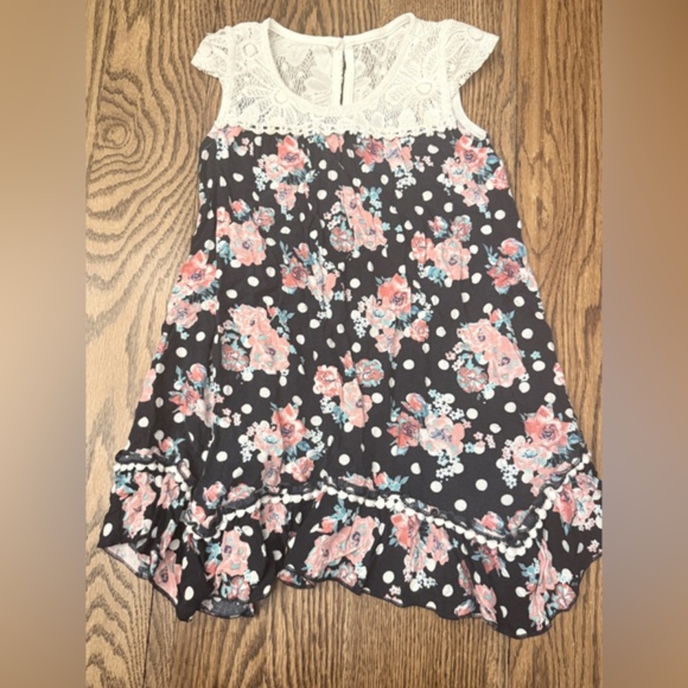 Lilt Lace Trim Girls Sleeveless Sz 5 Dress with Floral Polka Dot Pattern BC